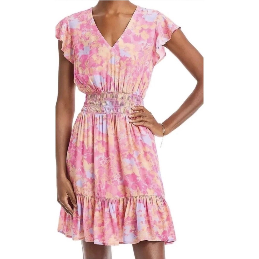 Rails Tara Passion Flower Print Dress XS Pink Blue Flutter Sleeve Smocked Waist